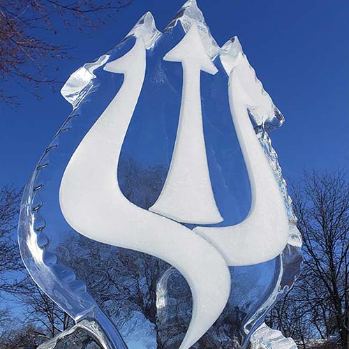 Poseidon Ponds logo ice sculpture Ice sculpture of Poseidon Ponds logo